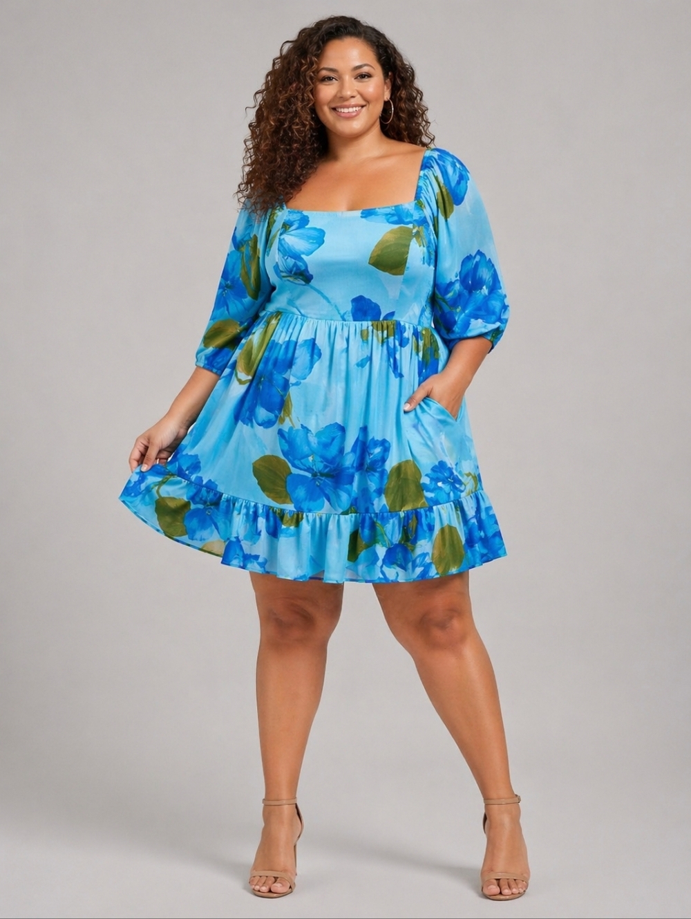 Blue Floral NWT Puff Sleeve Mini Dress Plus Size Square Neck Flowy Romantic 2X